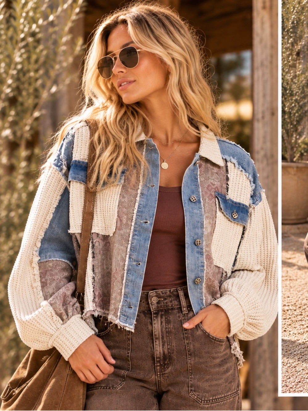 POL “Golden State” Boho Patchwork Knit Jacket Shacket | Denim